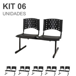 Kit 06 Cadeiras Longarinas PLÁSTICAS 02 Lugares - Cor PRETA - REALPLAST - 23022