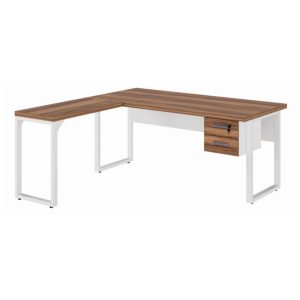 Mesa em L PÉ QUADRO (Mesa 1,70m + Mesa Auxiliar) - C/ Gavetas - WORKSTART - NOGAL SEVILHA/BRANCO - 34332