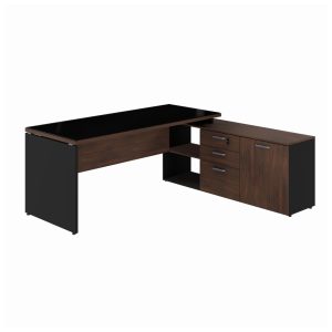 Mesa Diretorzinha c/ vidro c/ Aparador - Pé de MADEIRA - 1,90x1,50m - PMD - MARSALA/PRETO - 23428